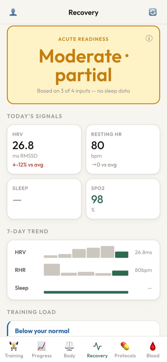 Recovery screen: readiness from HRV and resting heart rate, with a 7-day trend